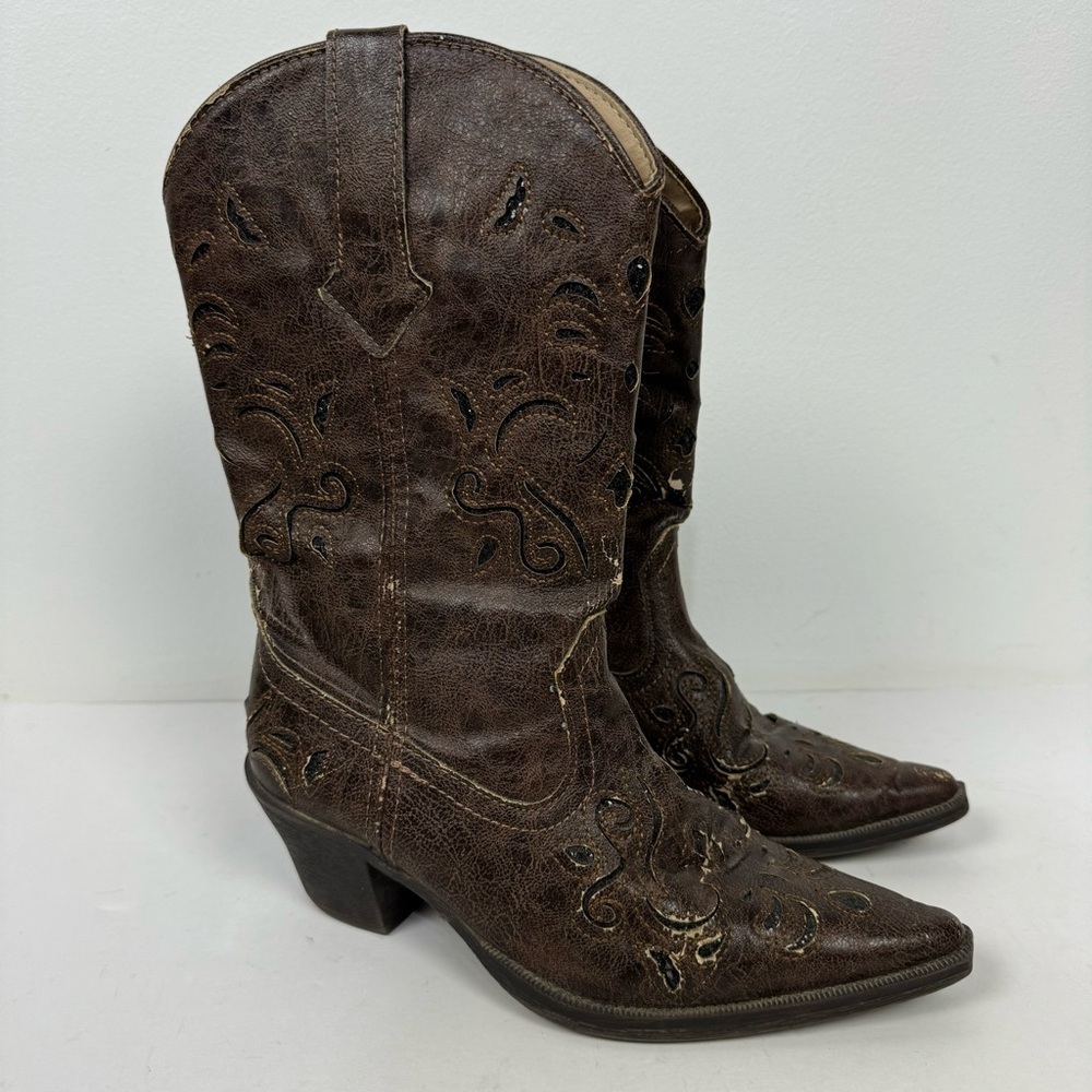 Roper Brown Faux Leather Pointed Toe Western Rodeo Boots